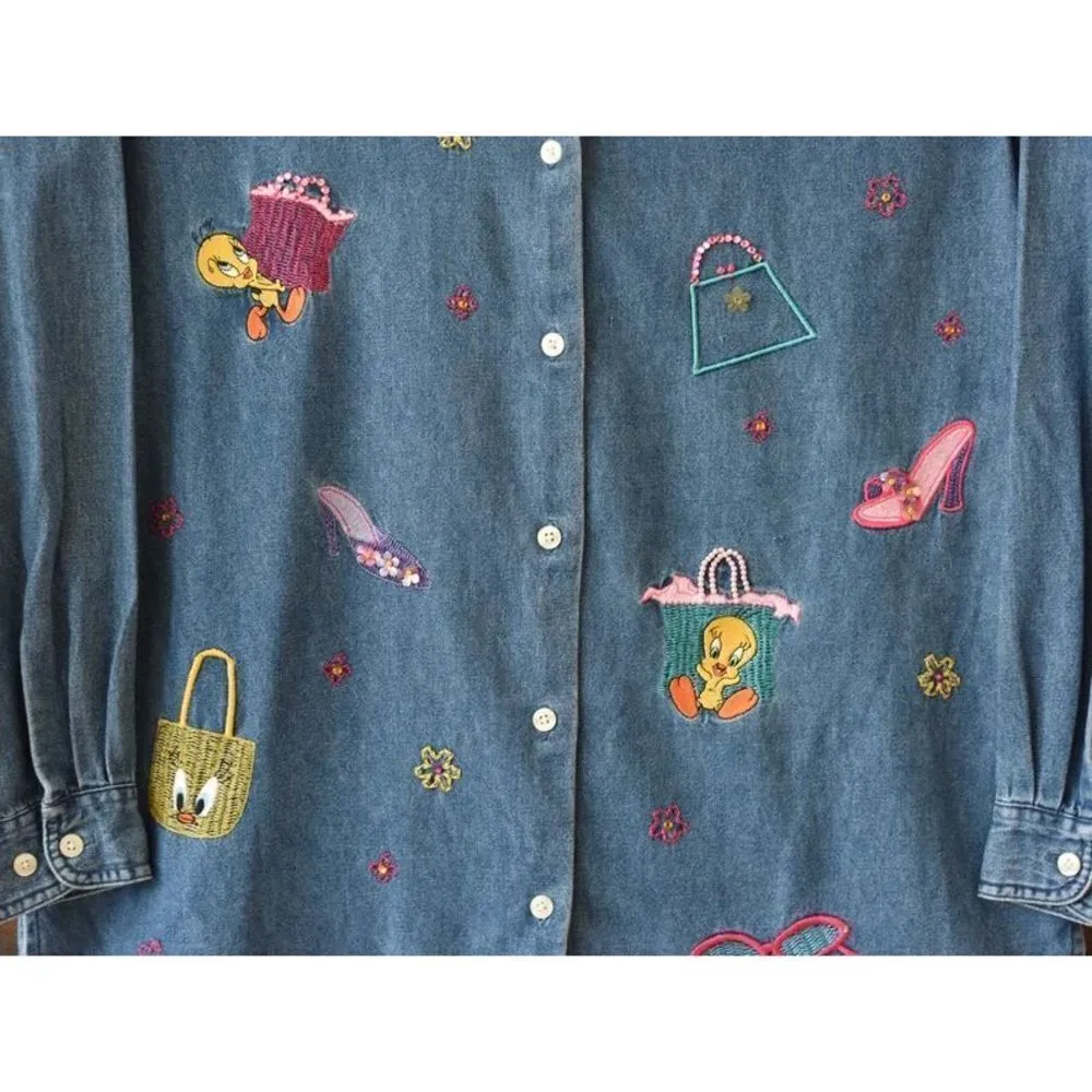 Vintage Warner Bros. Embroidered Denim Button Front Shirt Womens Tweety Bird, de Blue Size XXL - Image 3