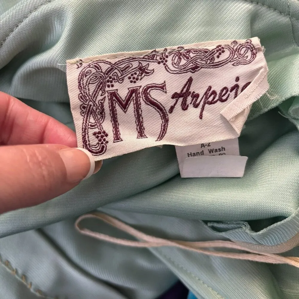 Vintage 70s One Shoulder Mint Green Maxi Dress Small Ruffle Overlay Zipper - Image 9