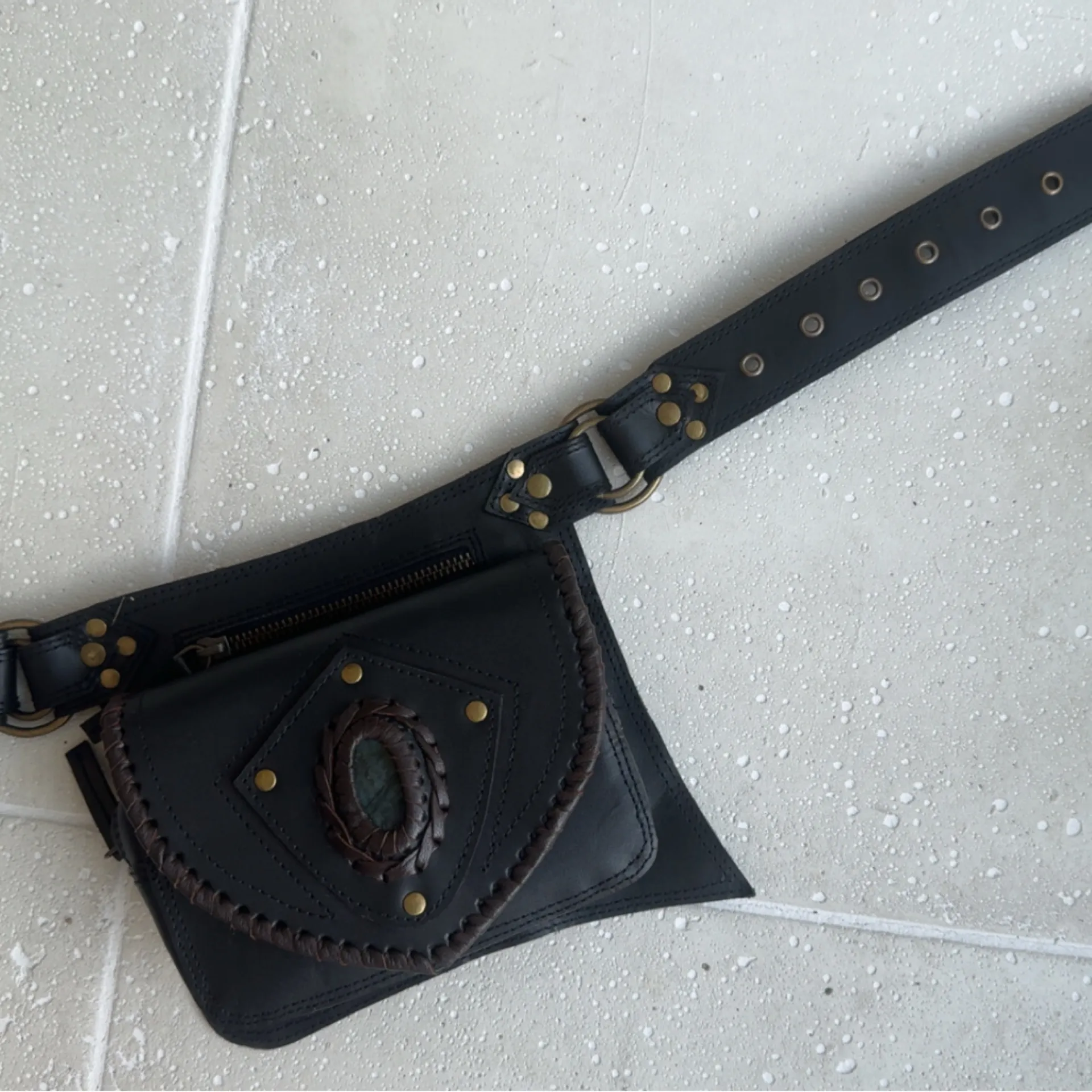 NWT Handmade Leather Gemstone Waist Belt Bag Black - Image 8