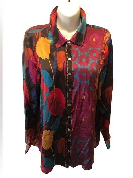 Soft Surroundings 100% SIlK Floral LS Blouse M Colorful Career Business Career - Image 1