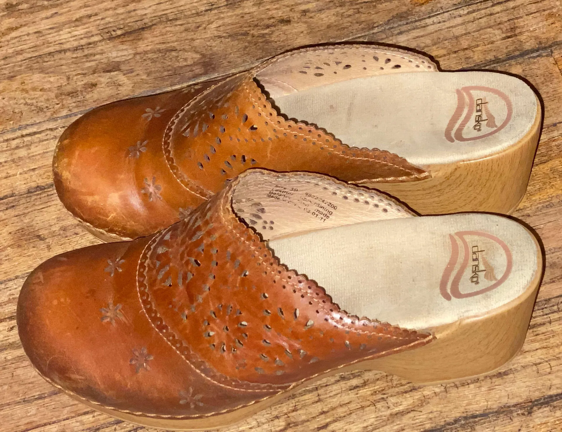 Dansko Skylar Laser Cut Out Brown Leather Mules Clogs - Image 2