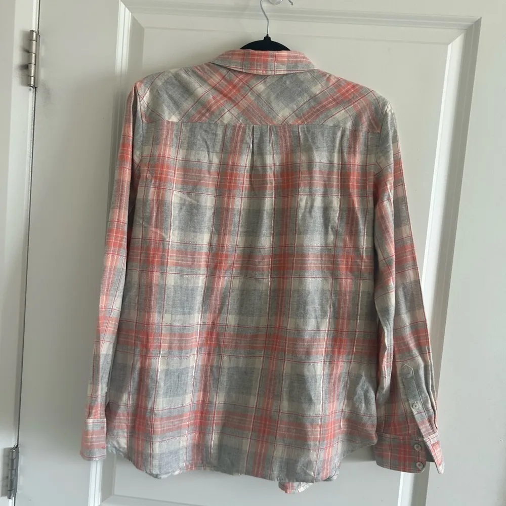 Talbots Metallic Button Front Shirt Dazzling Plaid, Coral And Grey , Siz… - Image 3