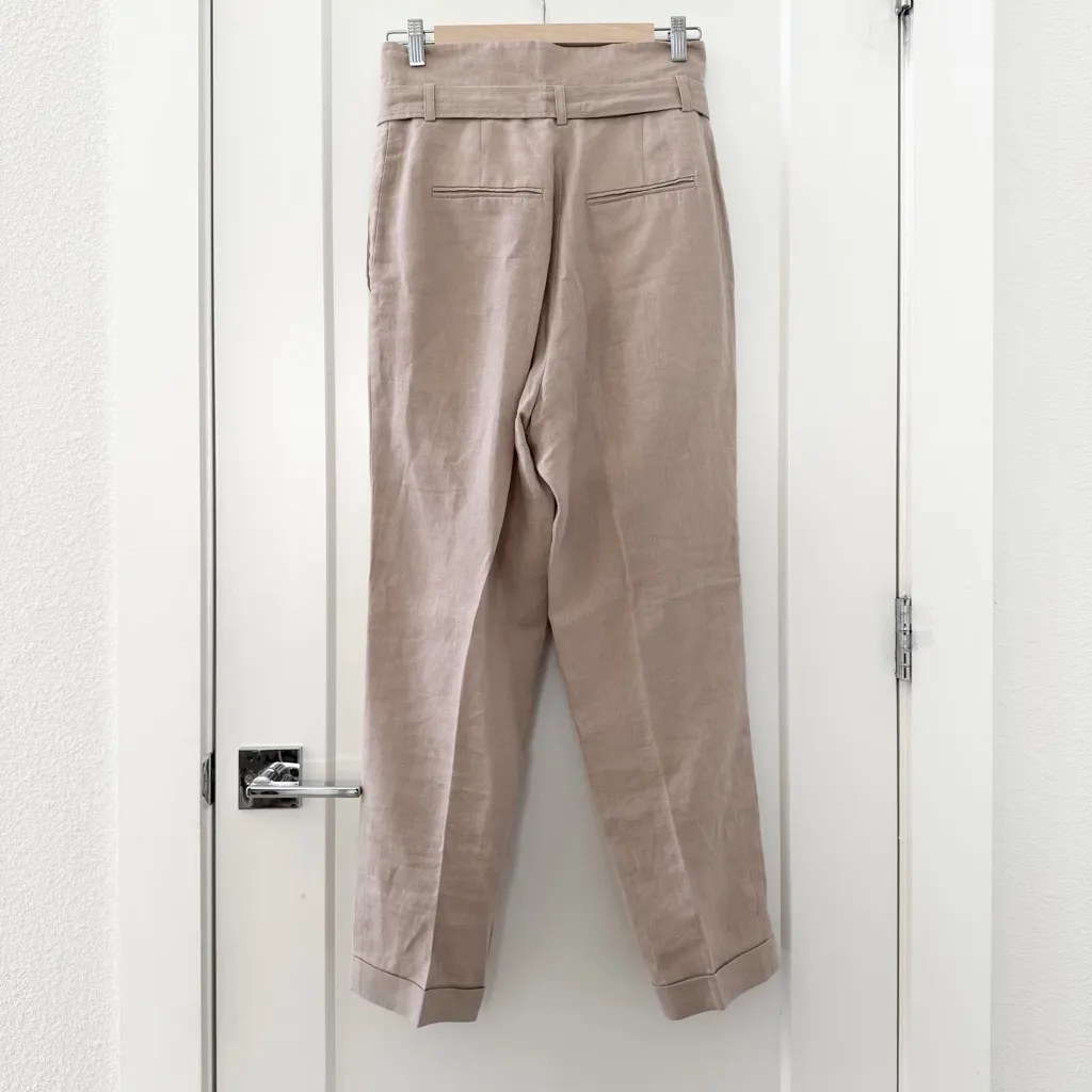 Reformation Fisher Cuffed Linen Paper Bag Pants High Waist Nude Khaki Beige Sz 4 - Image 3