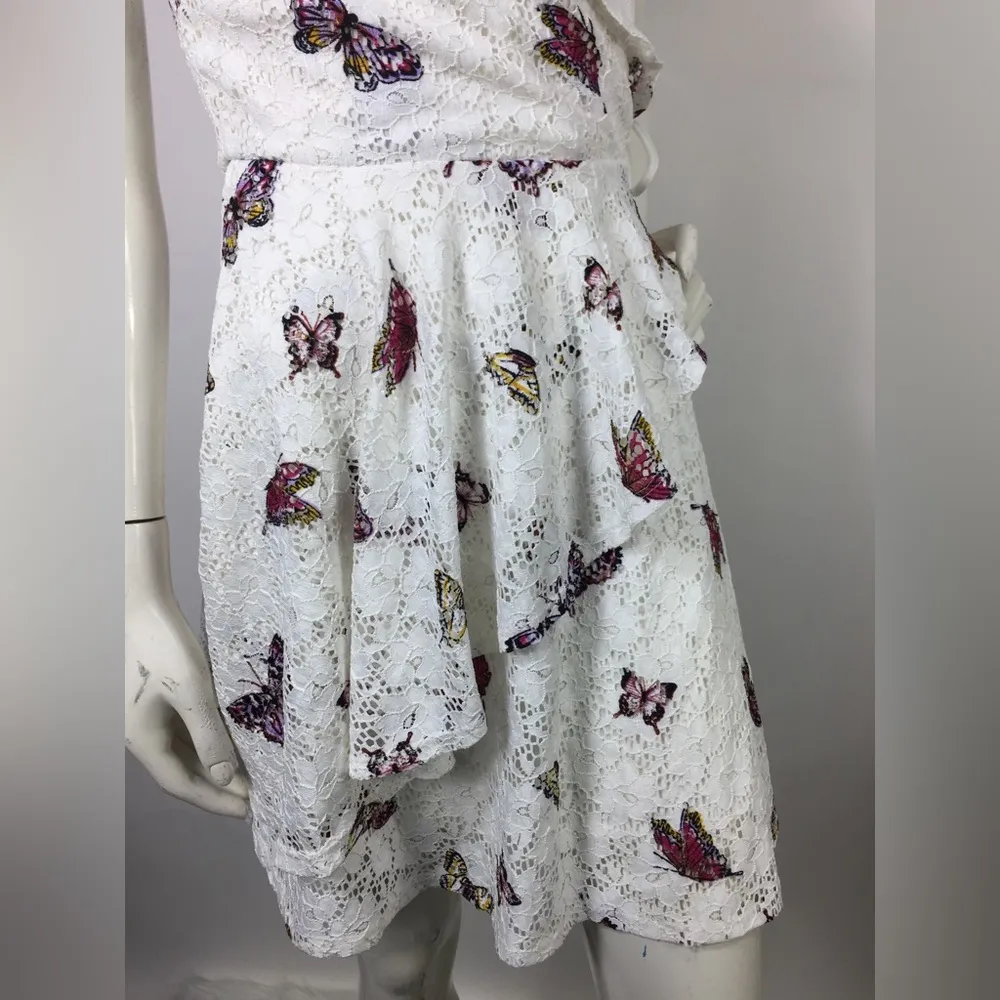 Love, fire Butterfly Print Faux Wrap Lace Mini Dress S - Image 12