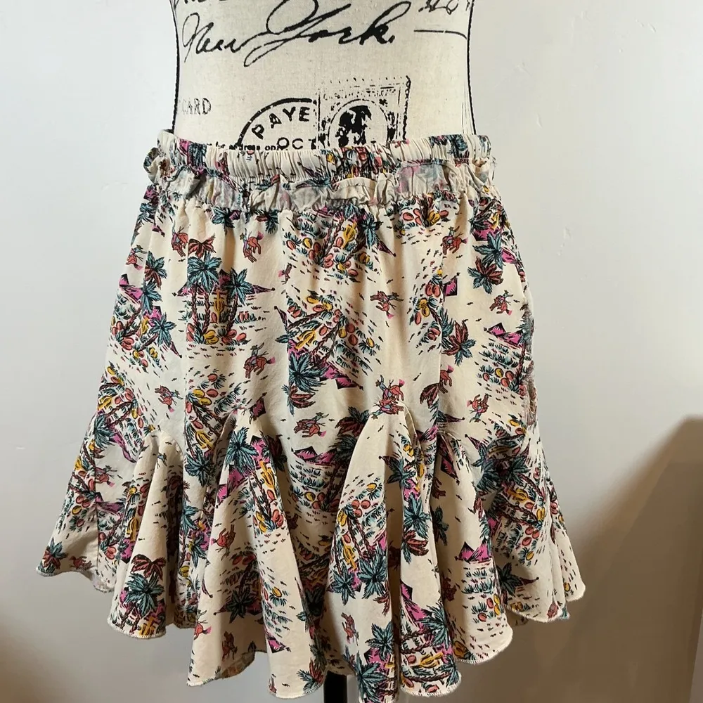 Rock & Roll Denim Tropical Print Ruffle Mini Skirt Elastic‎ Waist L Tan Size L - Image 3