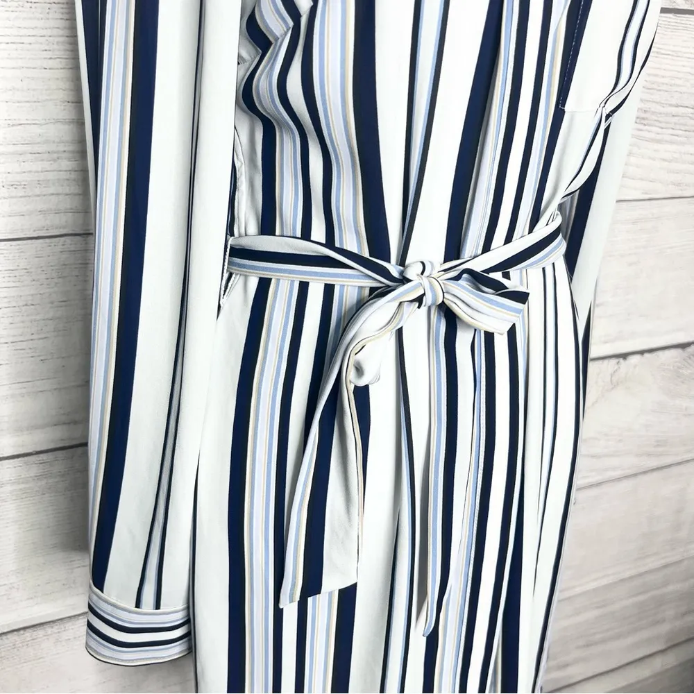 WHBM Long Blue & White Striped Shirt w/ Chest Pocket & Tie Belt Size 4 Small - Image 4