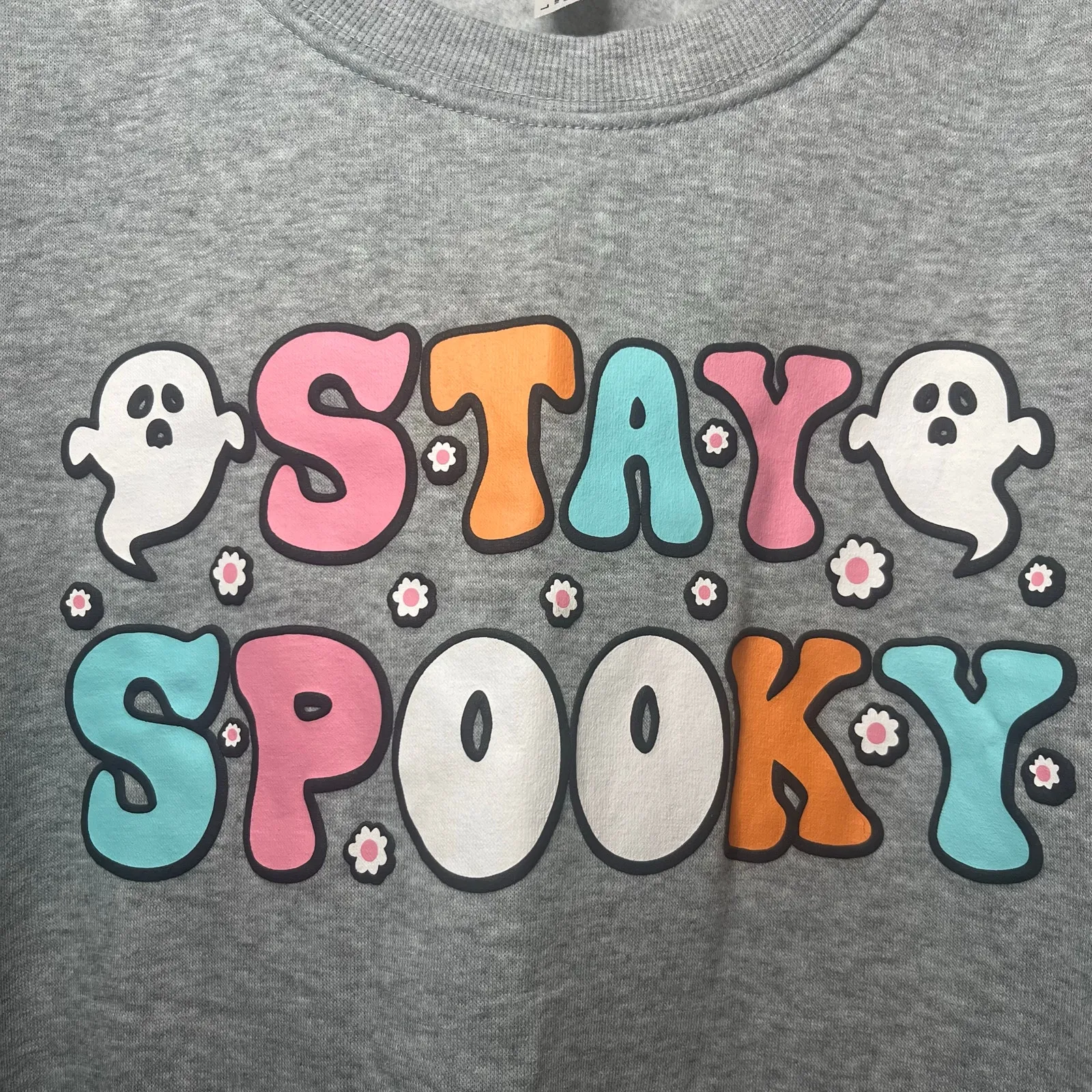 Stay Spooky Halloween Ghost Sweatshirt Gray Crewneck Pullover Large Cozy Fall L - Image 3