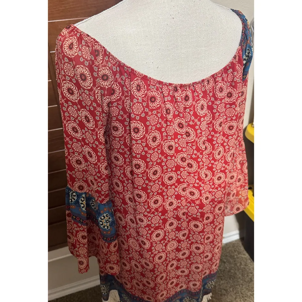 Compass Boho Dress Off shoulder Mini fringe trim red sz M Western cowgirl Size M - Image 5