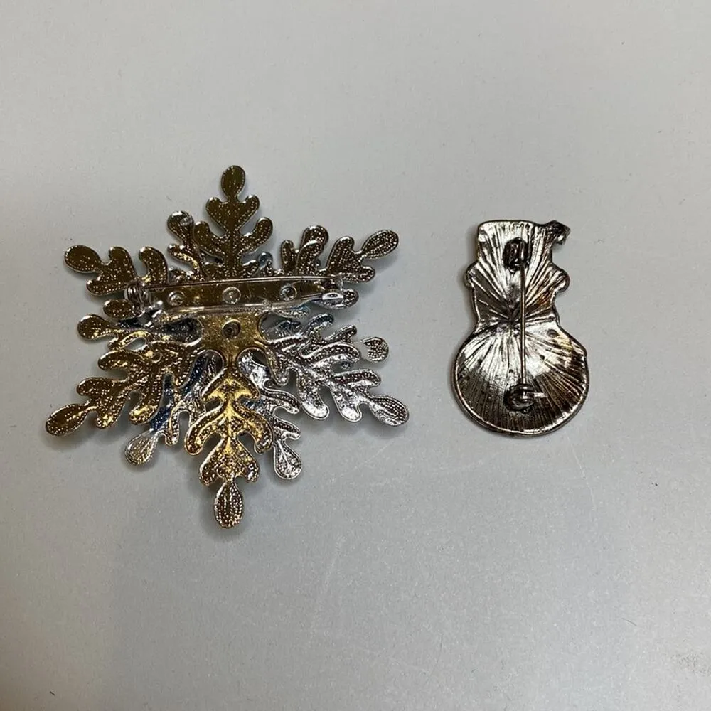 Festive Holiday Winter Brooches Two Snowflake & Snowman Rhinestones Silver Tone Blue - Image 4