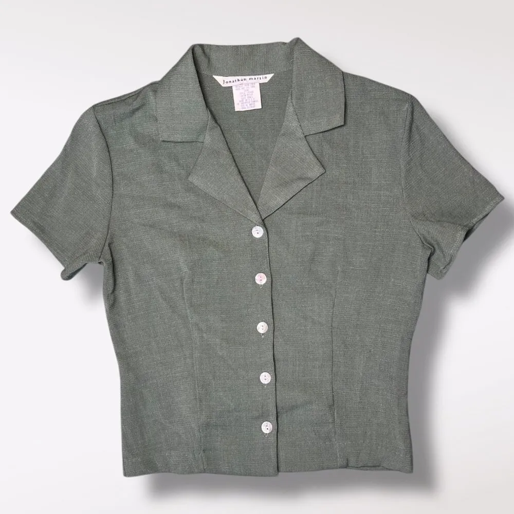 Vintage Jonathan Martin Green Tie Back Short Sleeve Blouse Size Small - Image 9