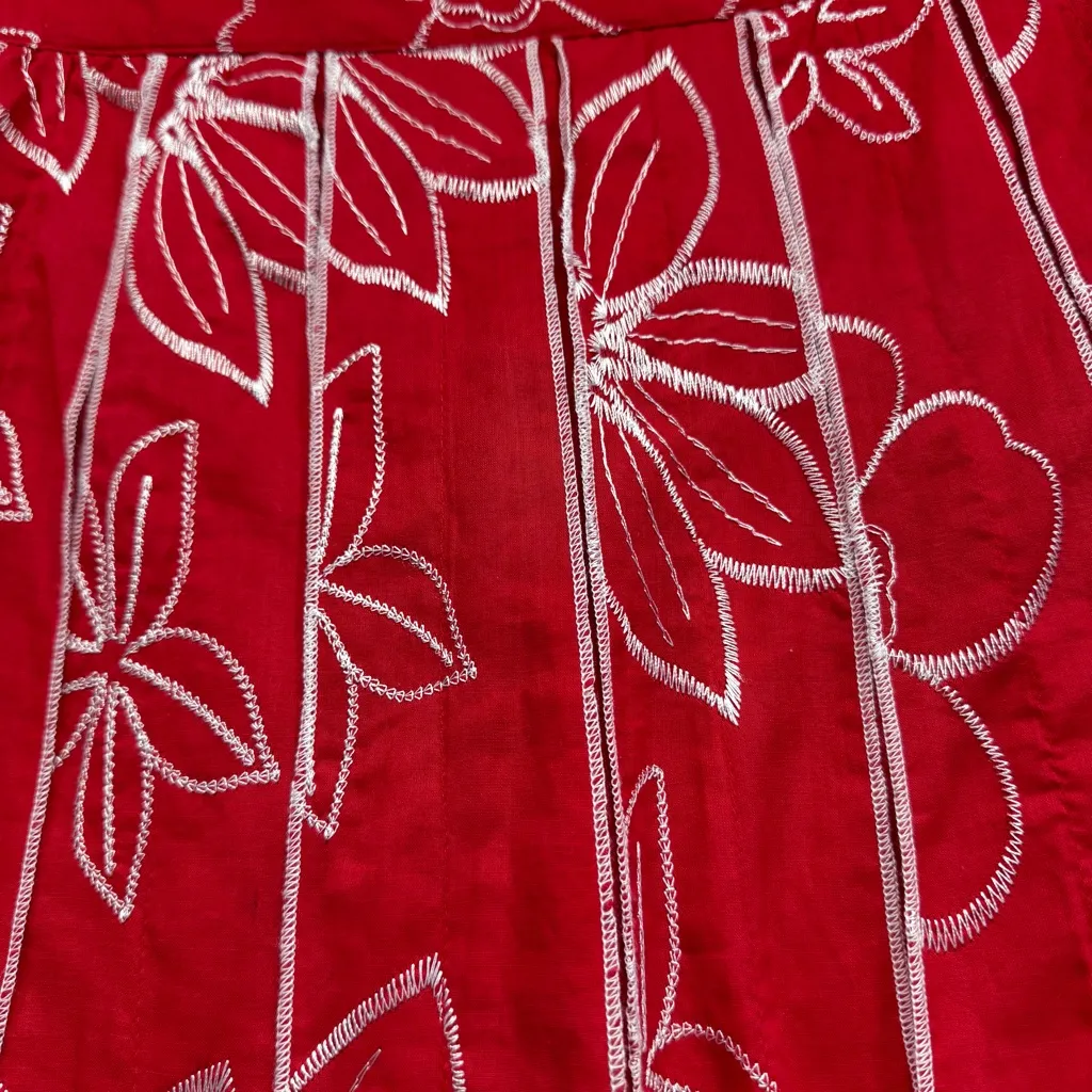 Vintage Coldwater Creek Red Pleated Embroidered Floral Skirt Knee Length Cotton - Image 3