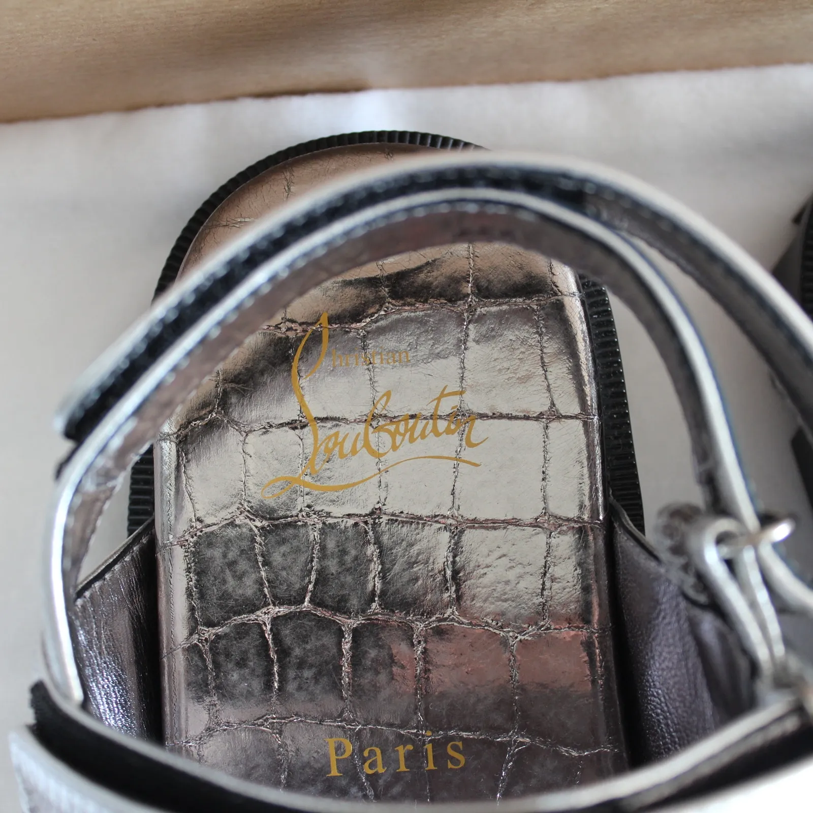 Christian Louboutin Lock Cool Metallic Croc-Embossed Leather Chunky Sandals - Image 11