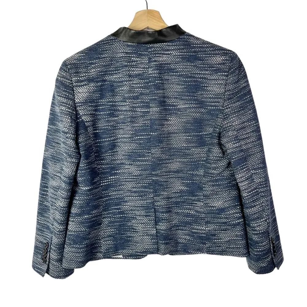 Ann Taylor Navy Blue Tweed Faux Leather Blazer Jacket 8 - Image 2