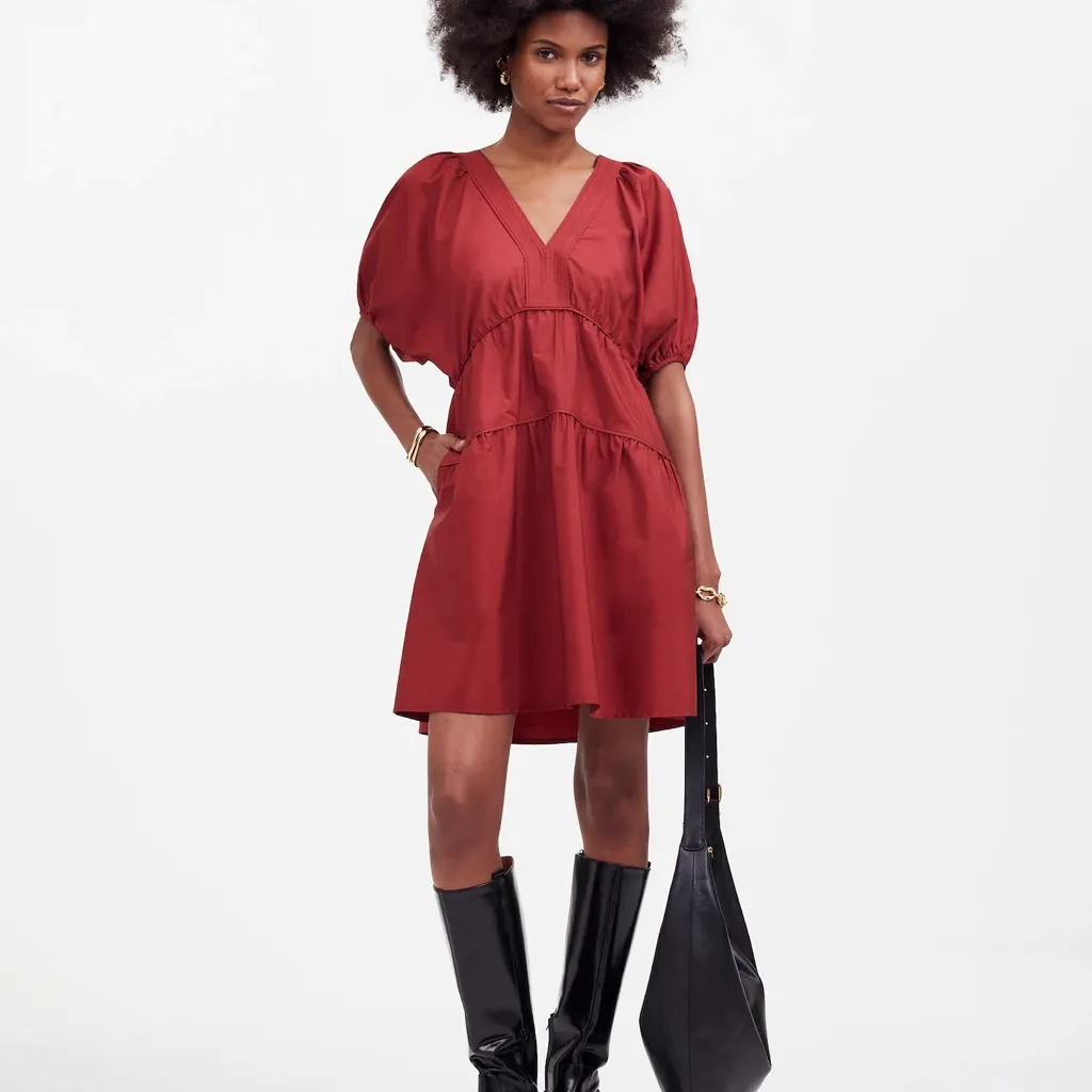 Madewell Puff-Sleeve Mini Dress in‎ Poplin Claret burgundy size small NWT - Image 11