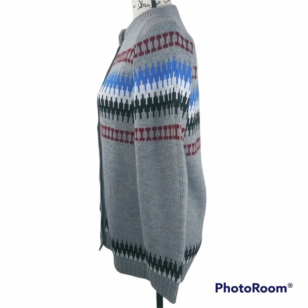 College Point Grey Fair Isle Button Up Sweater Cardigan Preppy Grandpacore Gray Size L - Image 4