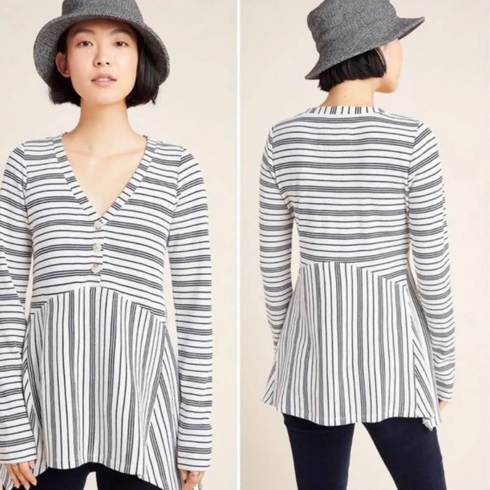 Anthropologie Maeve Eliza Navy White Striped Babydoll Henley Tunic Sweater XS - Image 13