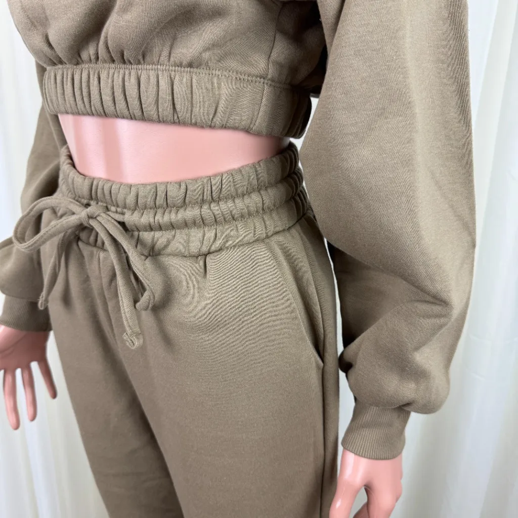 Zenana 2 Pcs Crop Sweatshirt Tracksuit Jogger Pants Set Outfit Active Loungewear XS Dusty Green - Image 7