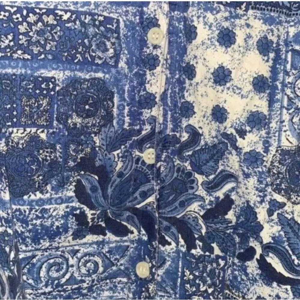 Vintage Jukebox Blue Patchwork Bandana Print Long Sleeve Button Down Shirt Size XL - Image 3