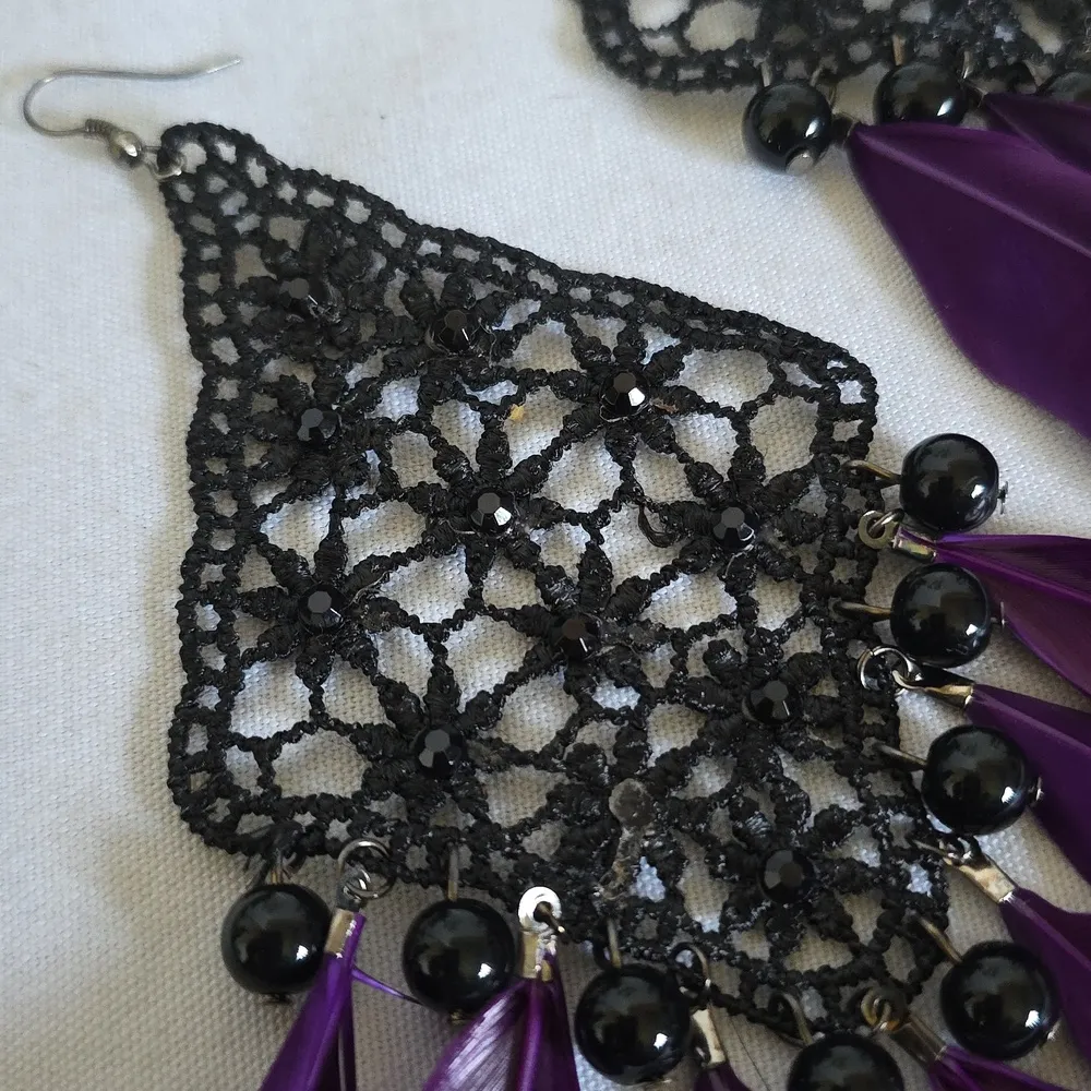 Statement Earrings Black Lace with Purple Feathers - Image 2