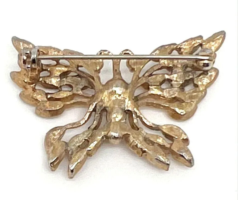 Vintage 80s Gold Tone Rhinestone Butterfly Brooch Pin - Image 2