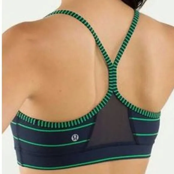 Lululemon Flow Y Athletic Sports Bra Size 4 Blue and Green Stripe Racerback Gym‎ - Image 2