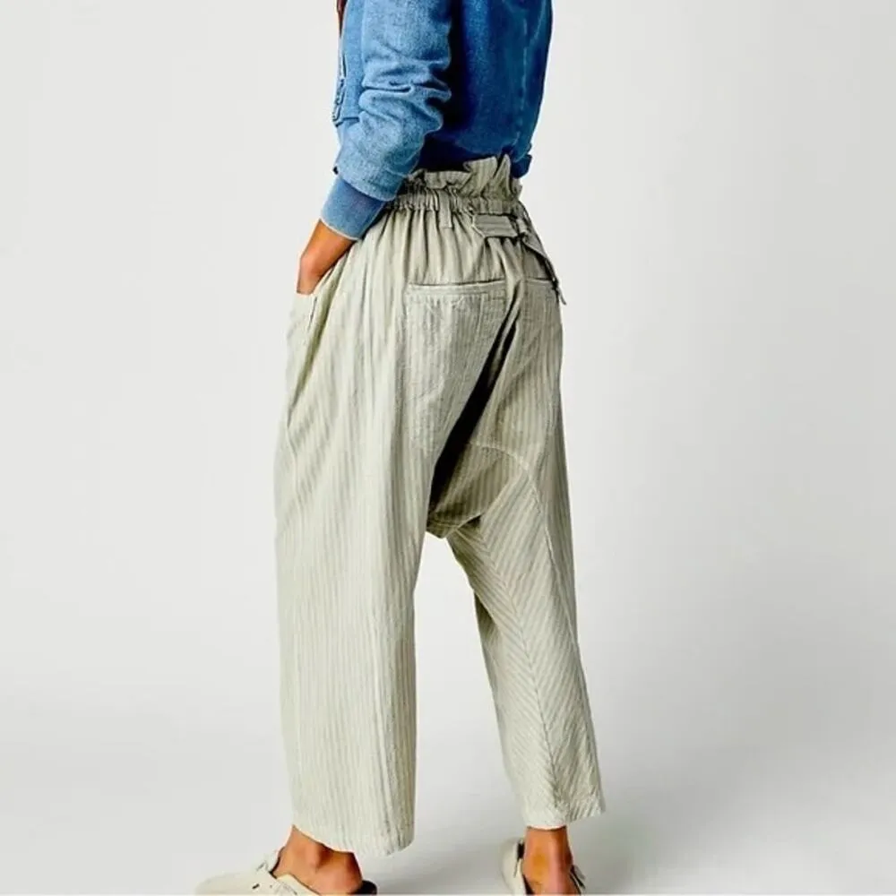 NEW Free People Runyon Oversized Stripe Pant Paperbag Tie Waist Small Blue Harem - Image 13