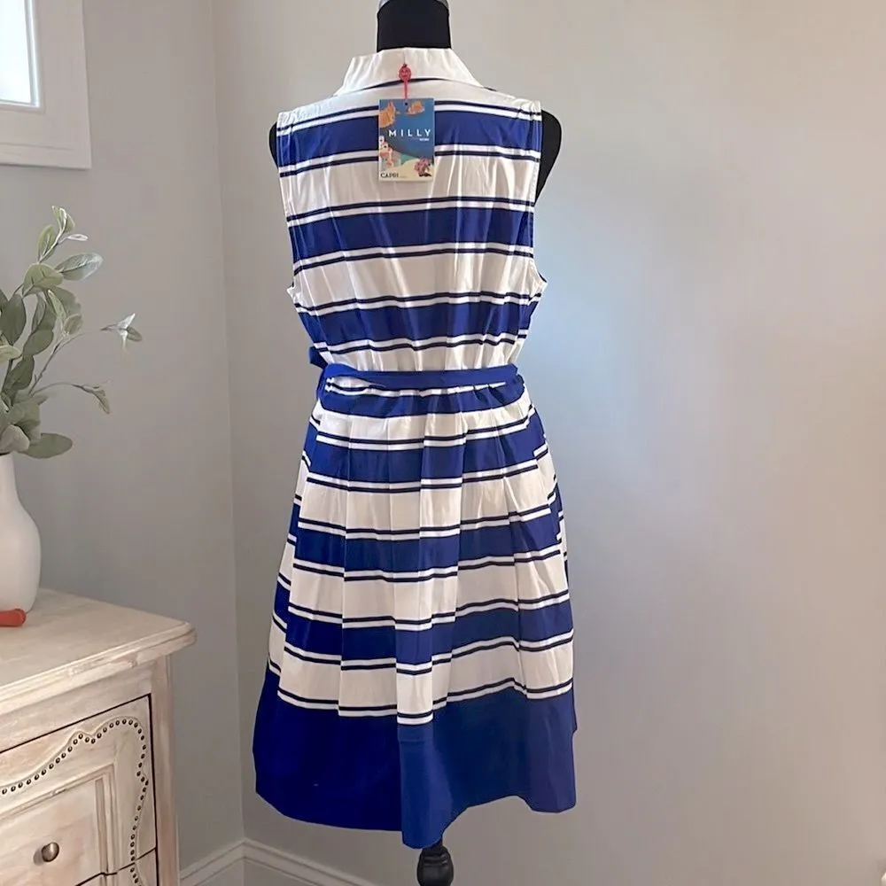 NWT Milly Italia Capri Royal Blue Pleated Striped Dress. Size 12 - Image 5