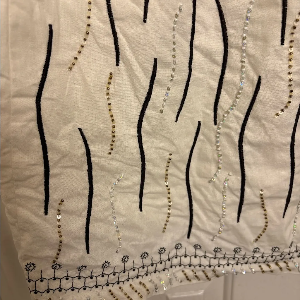 Dizzy Lizzie Linen Beaded Embroidered Skirt Cream Black Y2K Resort Boho Sz M Size M - Image 6