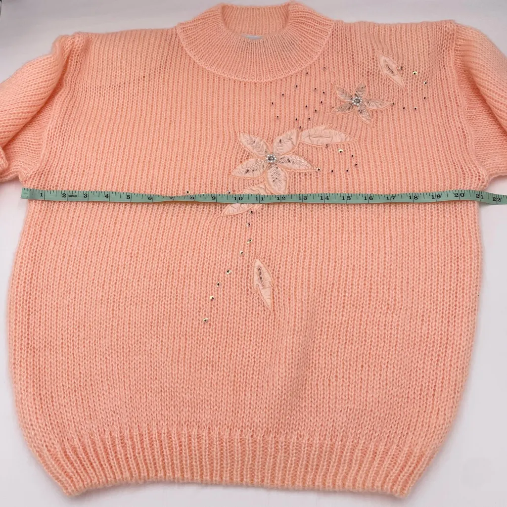 Vintage 80s Maggie Lawrence Peach Pink Floral Embroidered Sequin Sweater Fairy Size L - Image 11