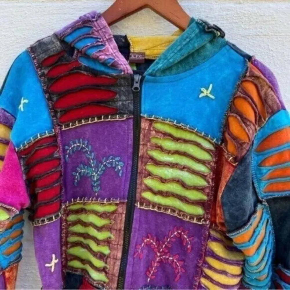 Nepal Colorful Embroidered Patchwork Bohemian Hippie Jacket Blue Size M - Image 2