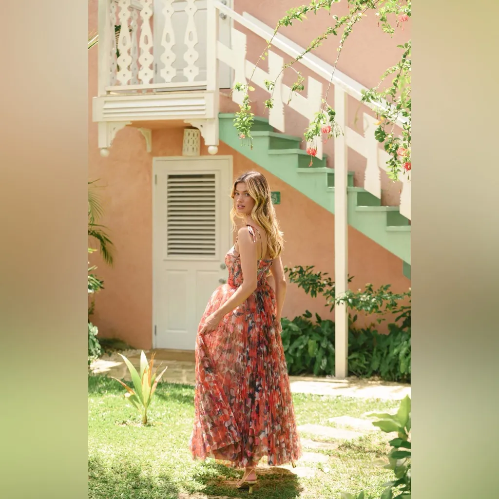 Hutch Brianna Tulle Tie Maxi Dress Orange Lush Tropical M - Image 5