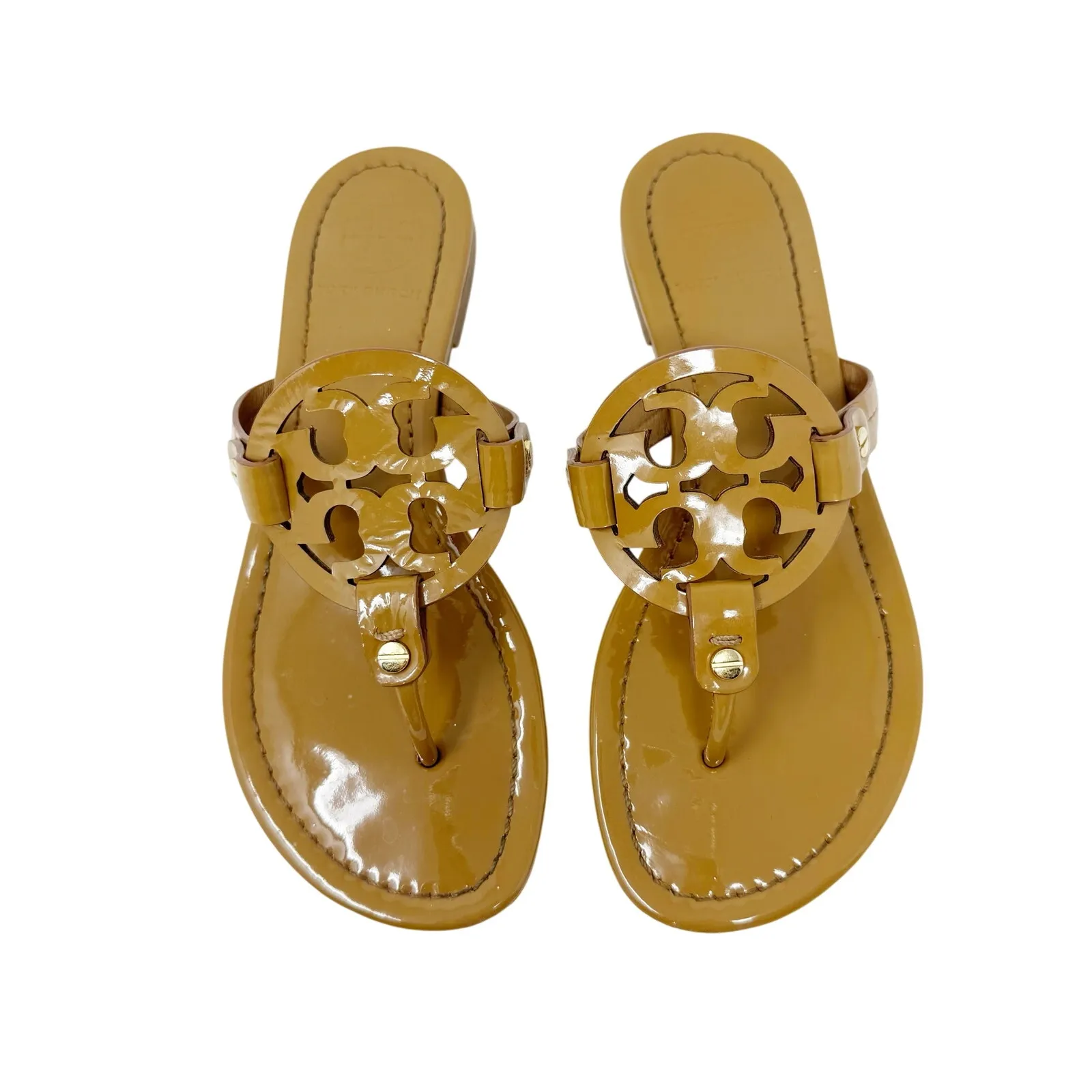 TORY BURCH Tan Caramel Patent Leather Miller Classic Designer Logo Sandals 6.5 - Image 3