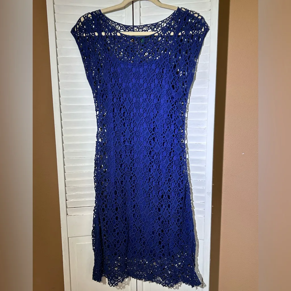 LAUREN by Ralph Lauren size Small cobalt blue crochet lace 2fer sheath dress - Image 3