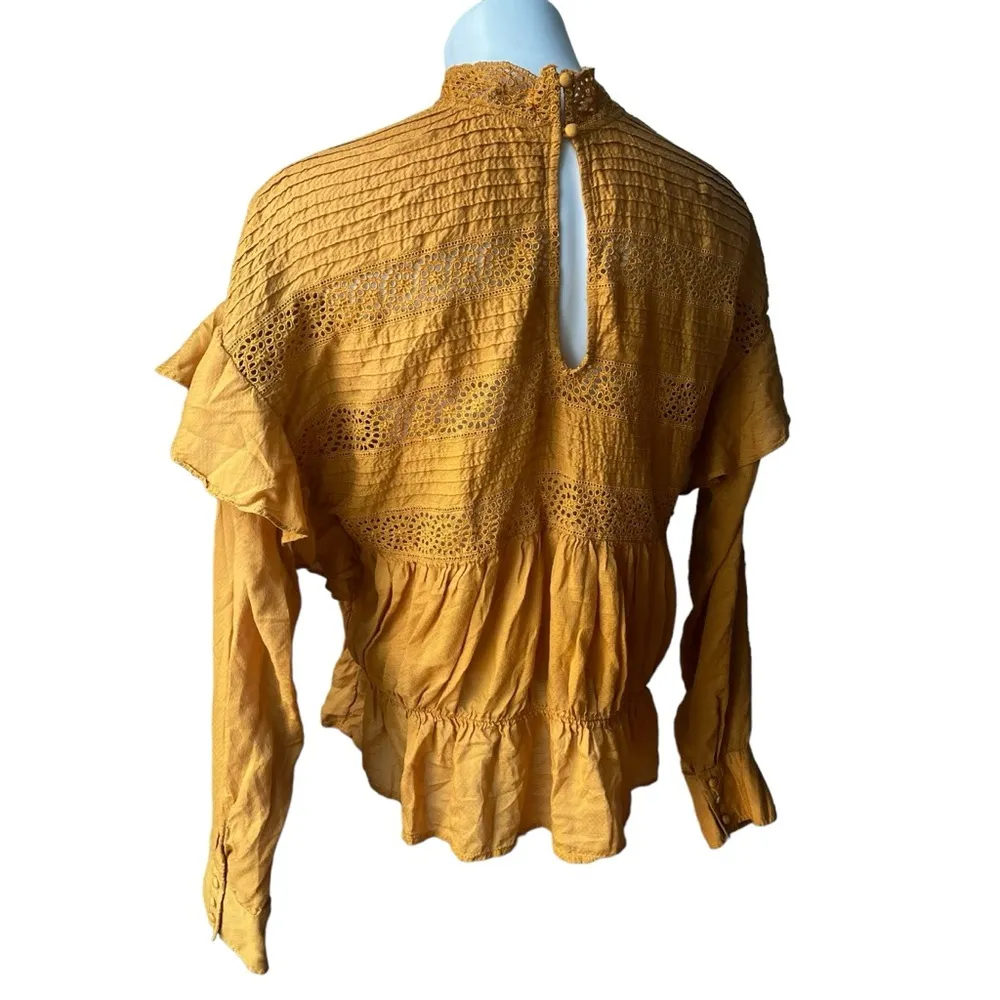 Free People Mustard Yellow High Neck Long Sleeve Eyelet Smocked Ruffle Top, Sz L - Image 4