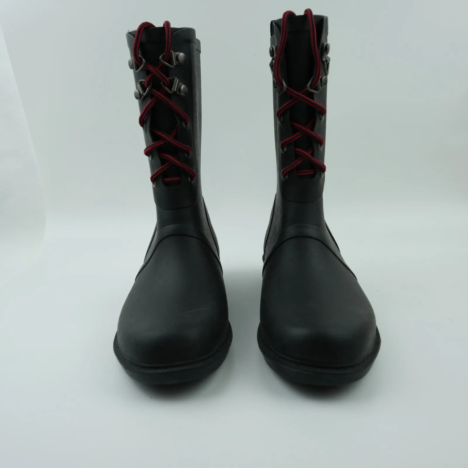 Merona Rain Boots Womens 6 Black Rubber Waterproof Lace Up Red Laces Utility - Image 6