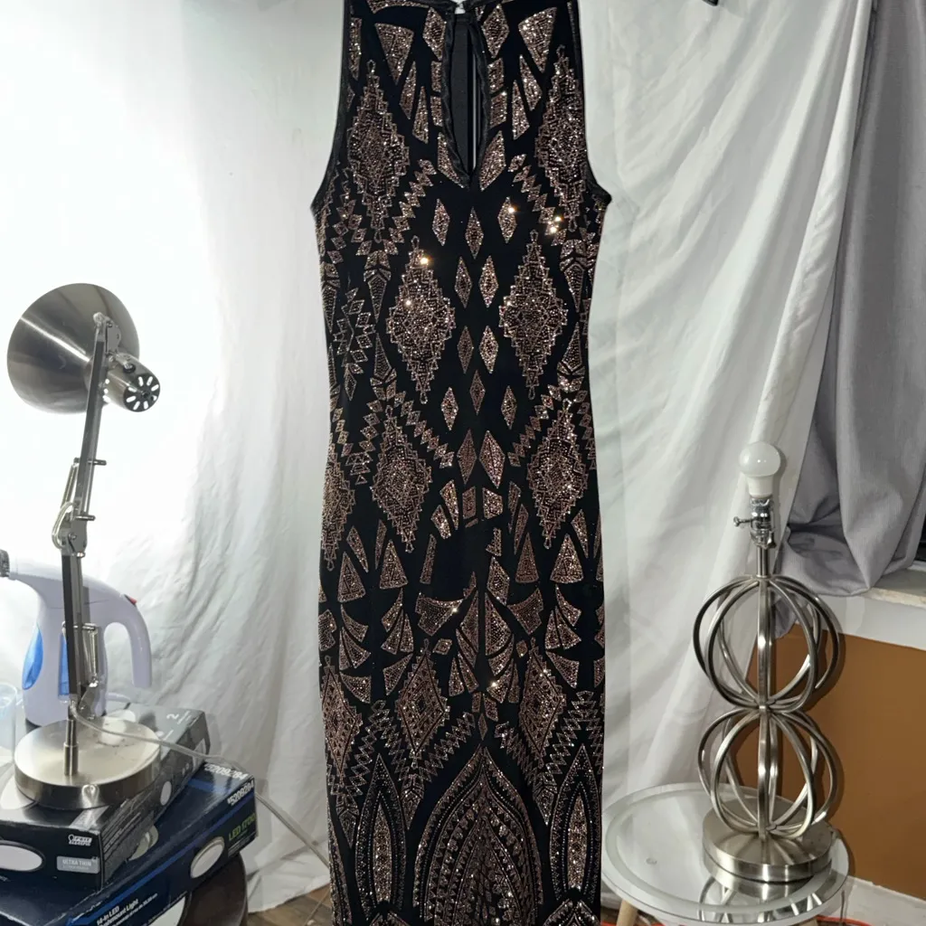 Wendye Chaitin Jump Apparel Y2K Body-conGeometric Black and Gold Dress Sz S - Image 7