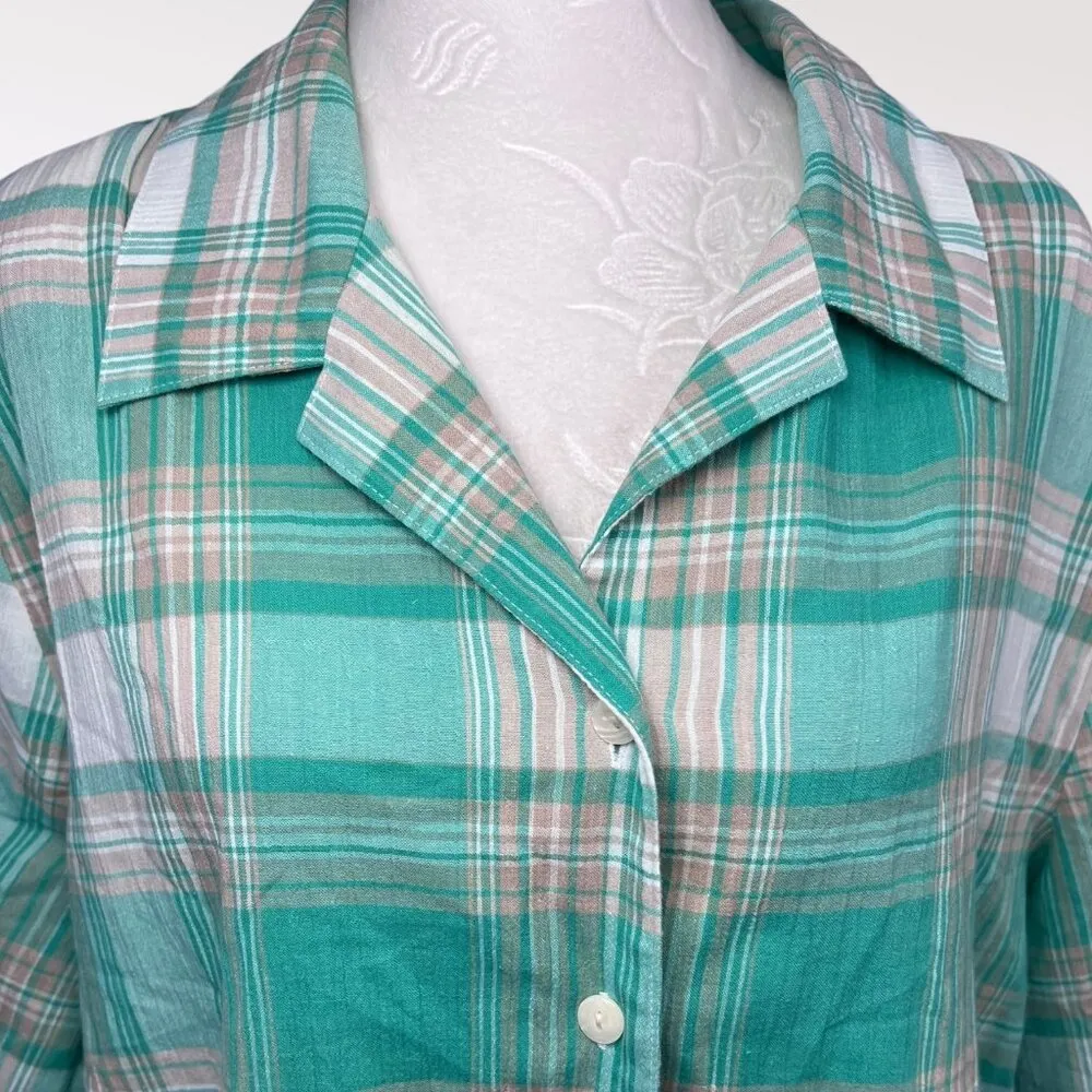 Vintage Allison Daley Plaid Short Sleeve Button Down Shirt Green White 16P - Image 2