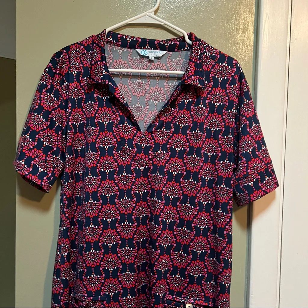 Escapada Living Shift Dress Collared Short Sleeve Navy Floral Split Neck L - Image 2