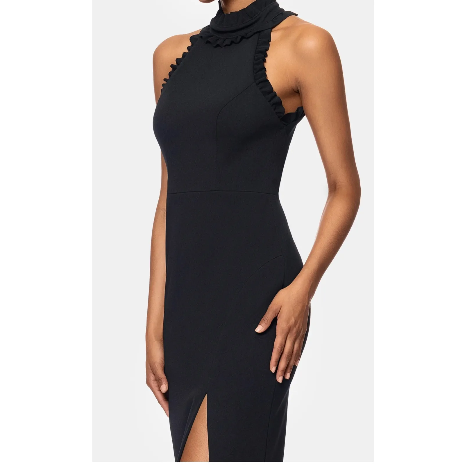 Xscape Black Halter Neck Ruffle High Slit Maxi Evening Gown Dress‎ Sz 12 - Image 4