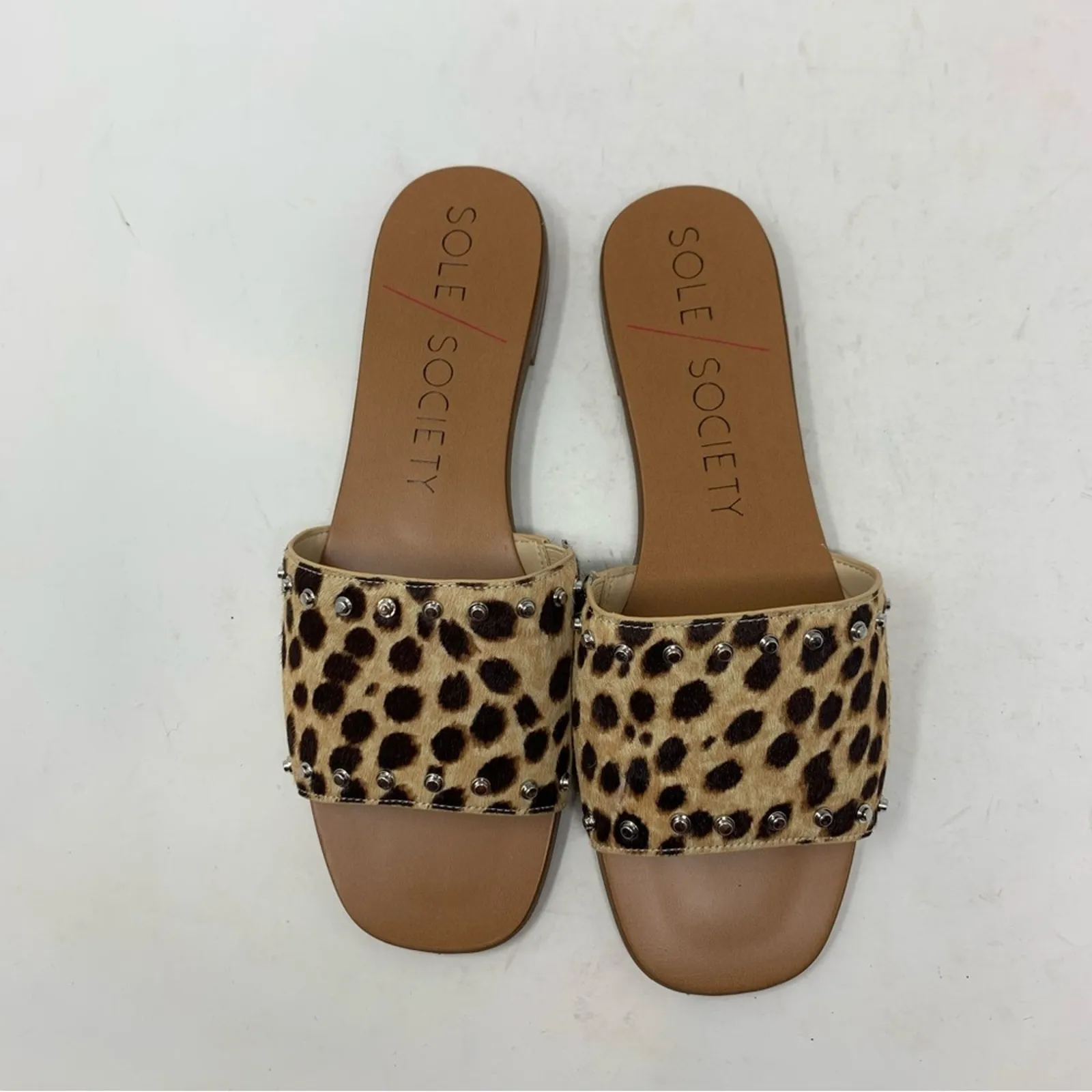 Sole Society Studded Leopard Cheetah Print Slides Sandals Calf Hair size 9 - Image 2
