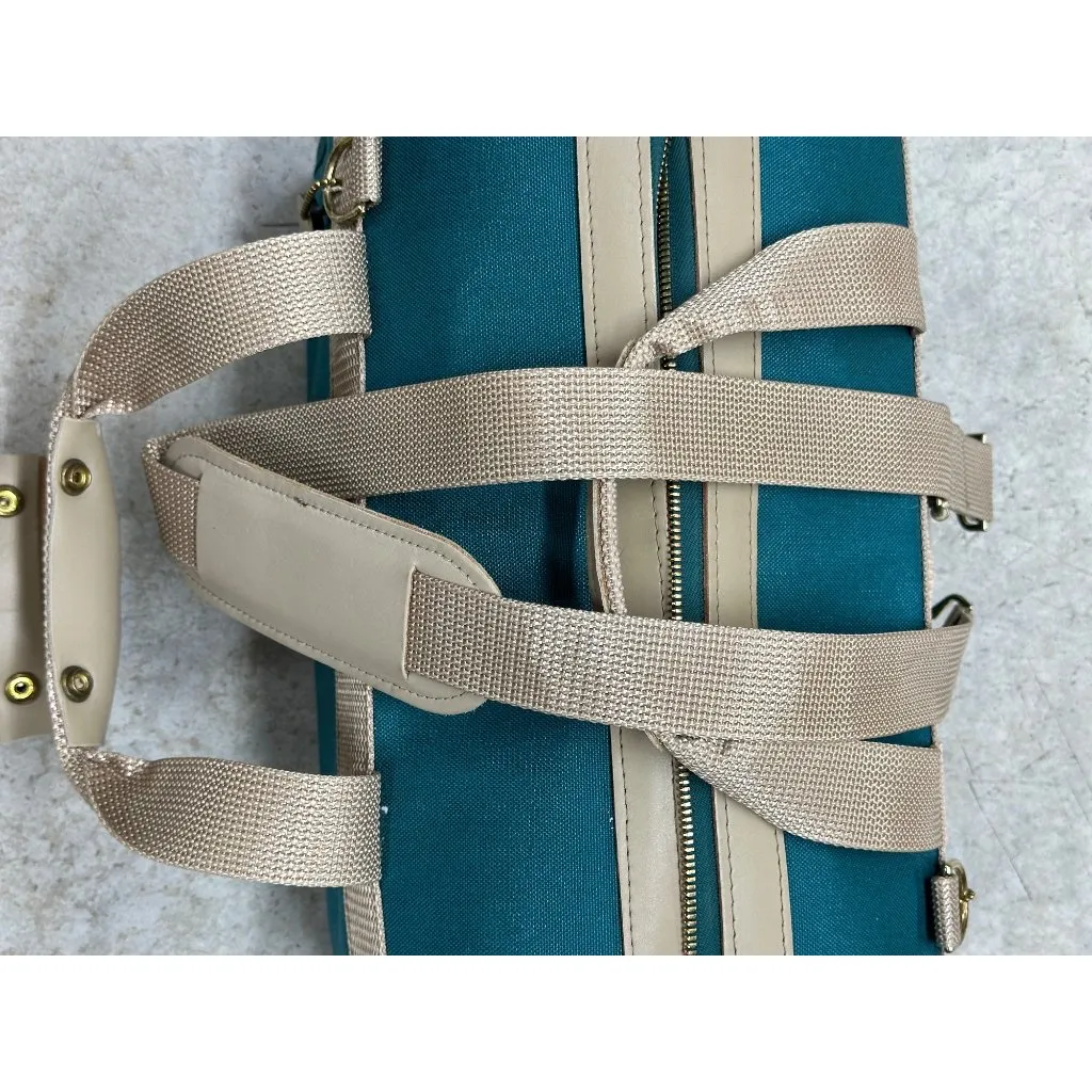 VTG BOYT Canvas Leather Duffle Bag Teal Tan Weekender Travel Tote USA Made Retro - Image 11