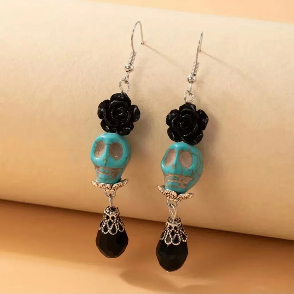 Exquisite Black Flower & Teal‎ Blue Skull Design Dangle Earrings Alloy Jewelry - Image 7
