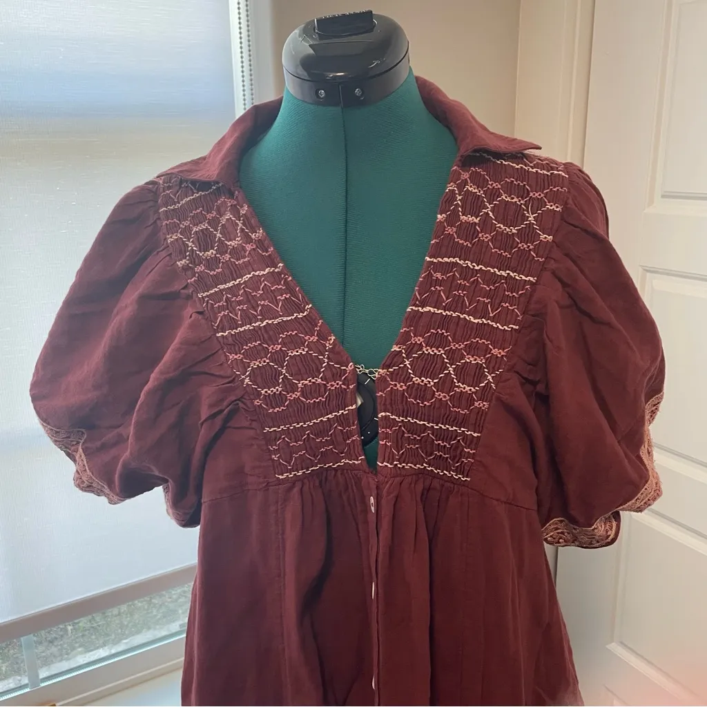 Free People Samantha Embroidered Puff Sleeve Button Front Maxi Dress Medium - Image 6