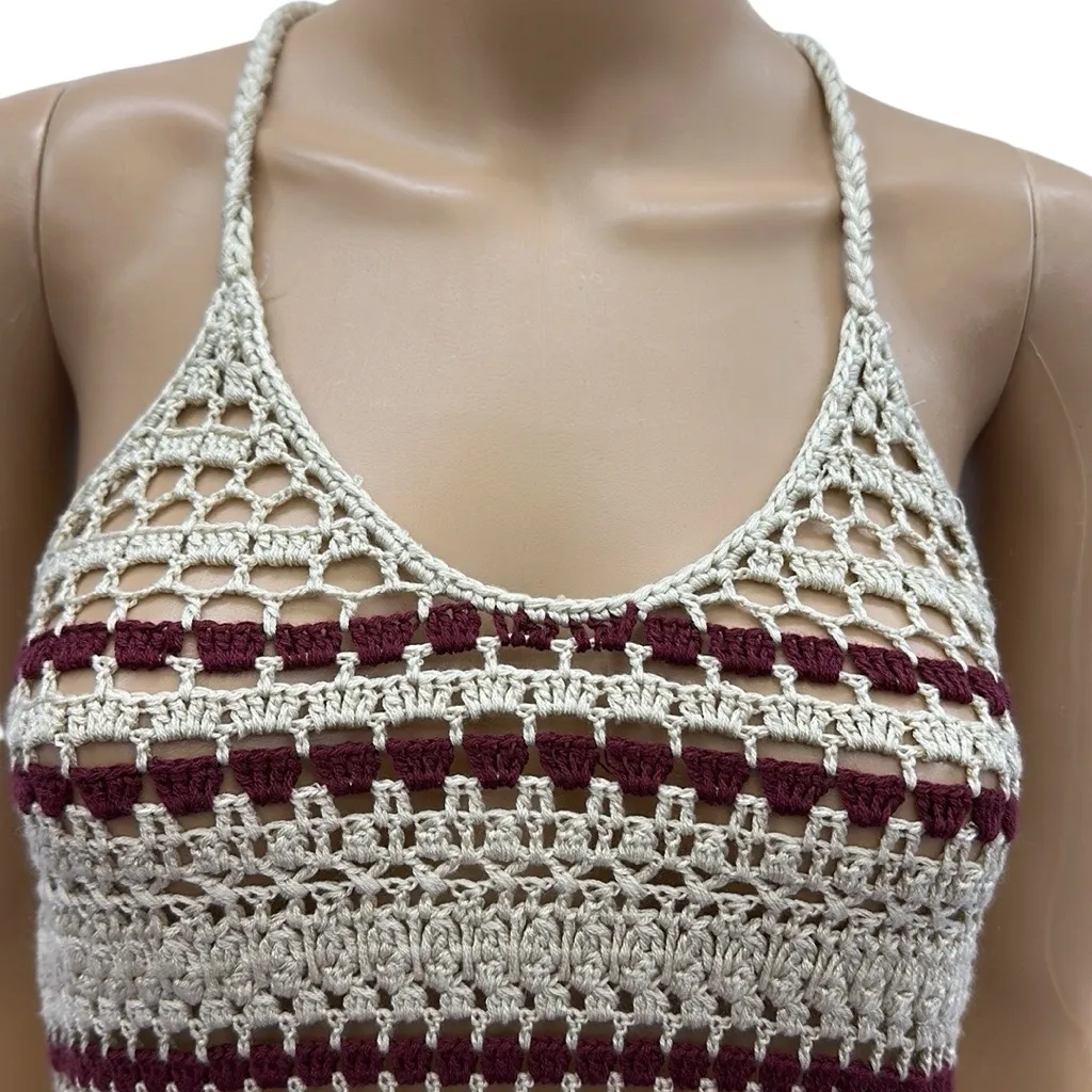Full Tilt Cream Burgundy Boho Open Crochet Knit Cotton Blend Tank Top Womens XS Red - Image 4