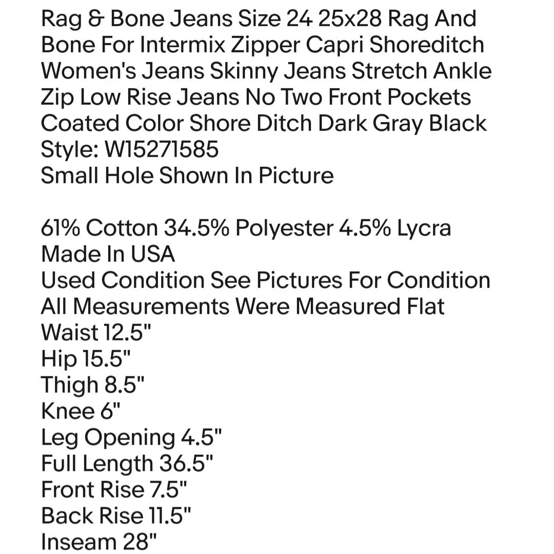 Rag & Bone Jeans Size 24 25x28 Rag And Bone For Intermix Zipper Capri Shoreditch  - Image 8