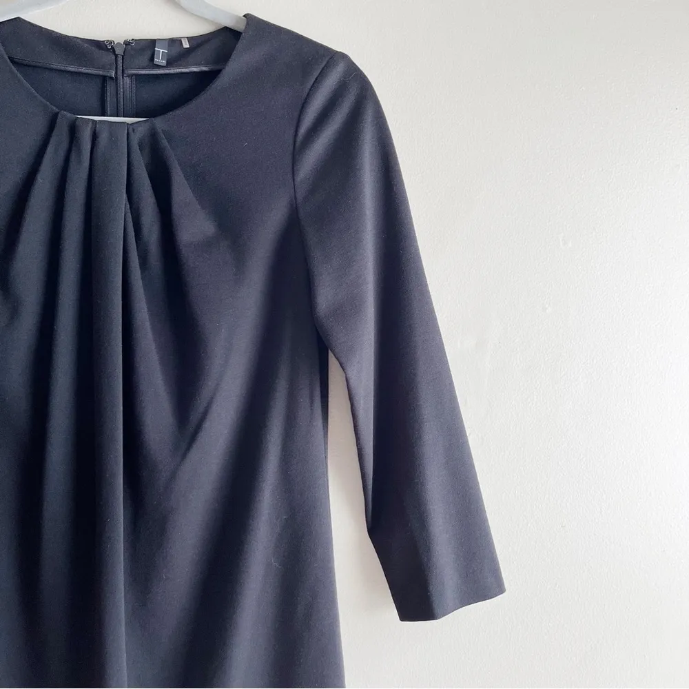 Tahari Pleated Front Long‎ Sleeve Shift Mini Dress in Black, Size 4 - Image 4