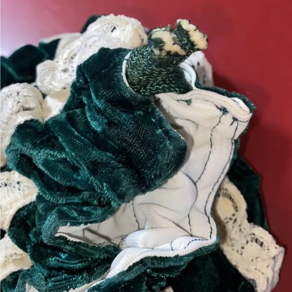 Vintage 1940s 50s Velvet Drawstring Purse Evening Bag Green Lace Tiered Boho - Image 11