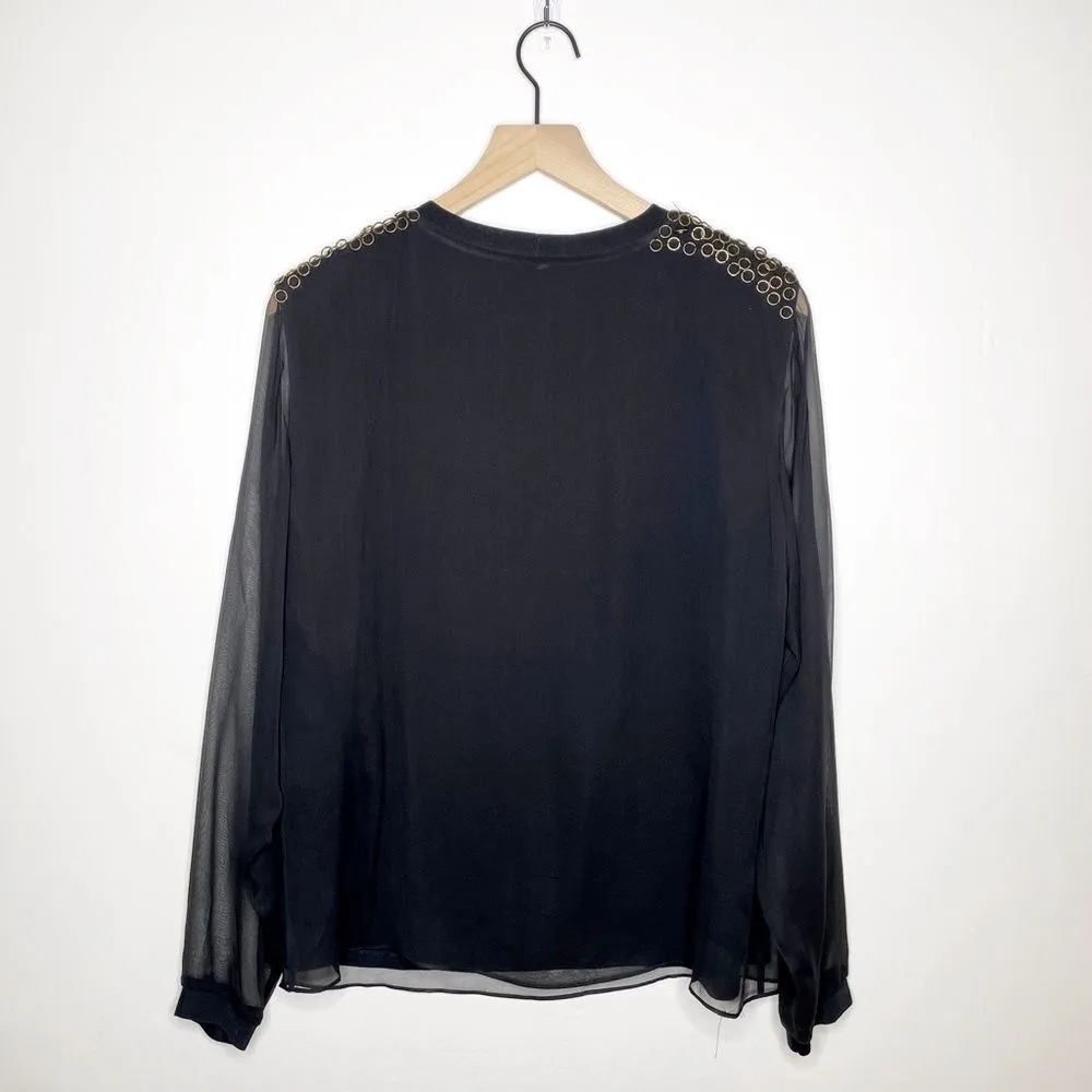 Per Se by Carlisle Ring Embellished Organza Sleeve Silk Blouse Black Size 12 - Image 4