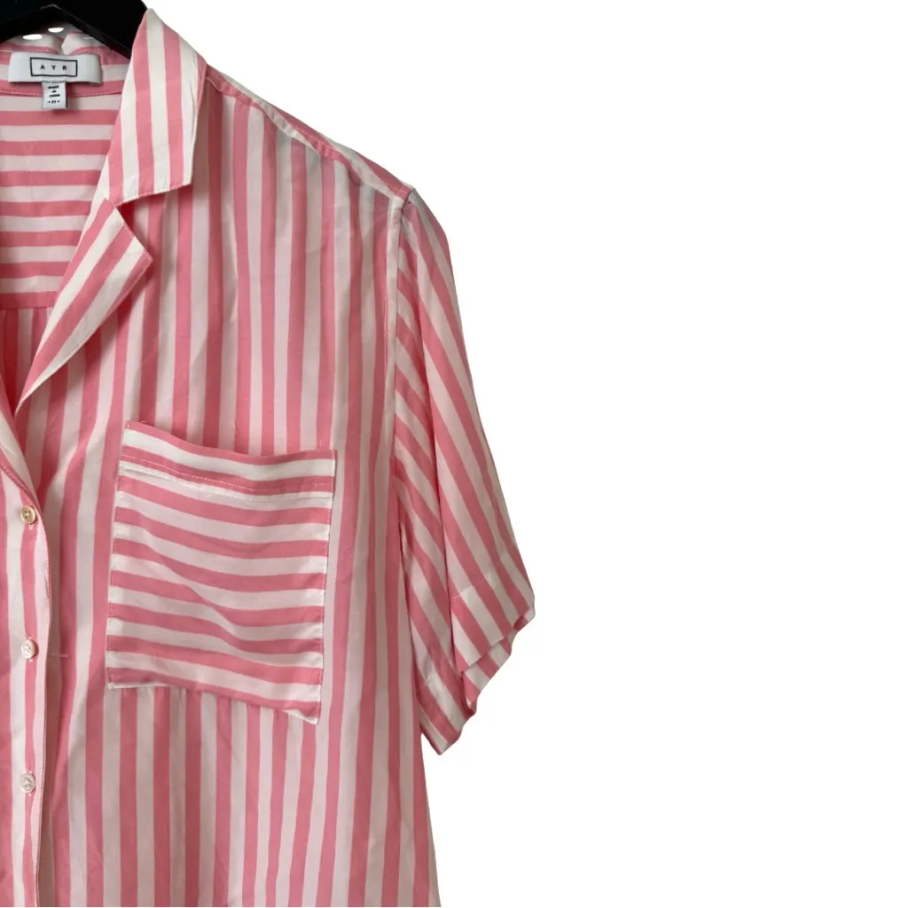 AYR Medium Pool Boy Shirt Pink Stripe Silk-Blend Short Sleeve Button Down Casual - Image 4