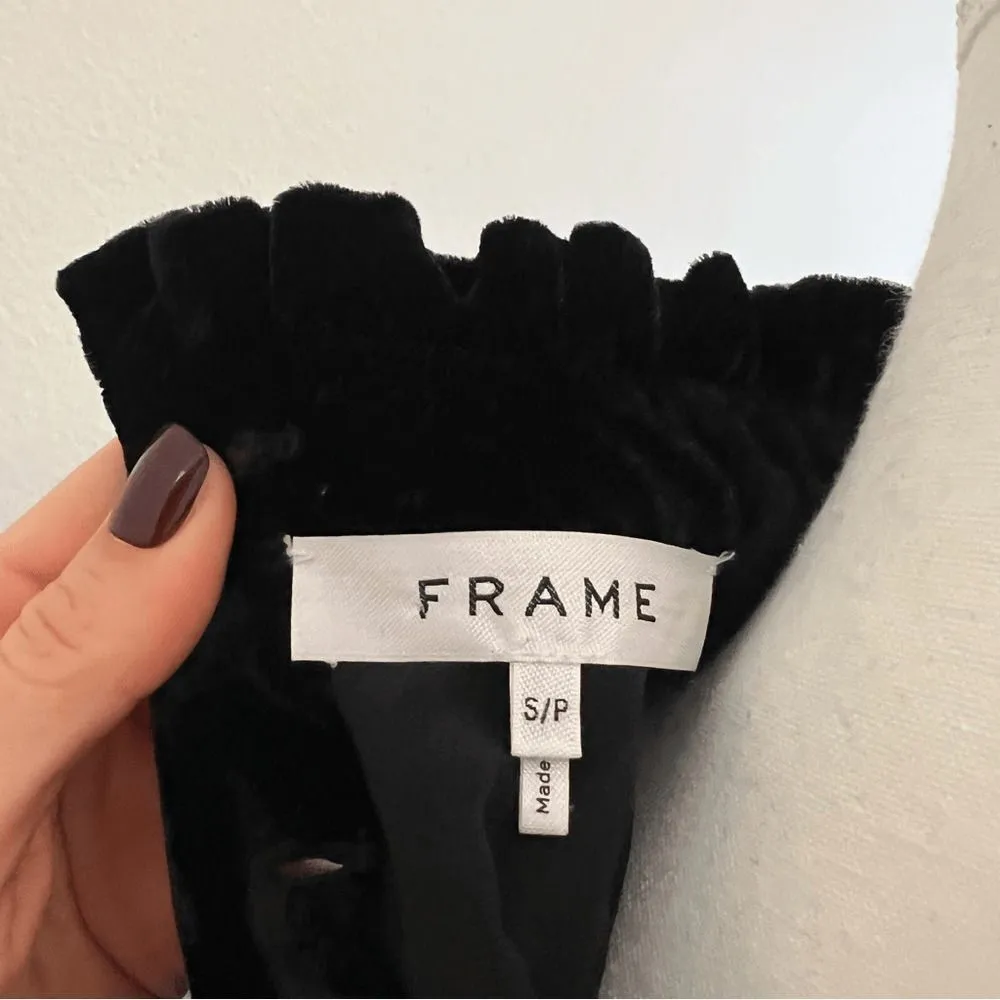 FRAME Victorian Velvet Ruffle Blouse Black  High Neck Size Small - Image 7